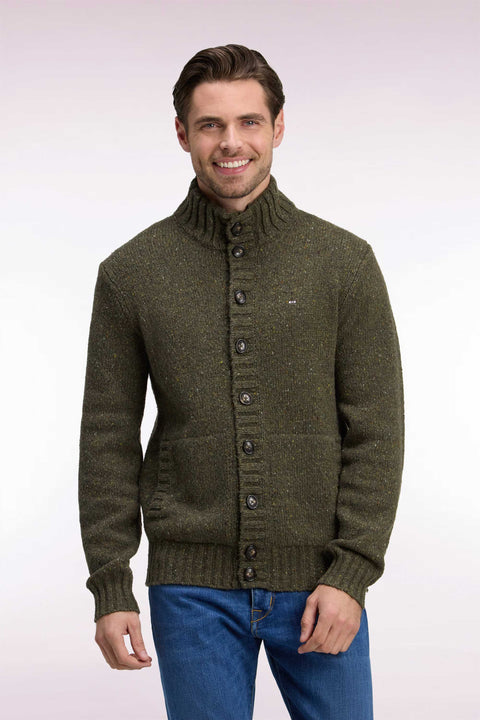 Buttoned cardigan in khaki heathered chunky knit, straight cut - Image 3