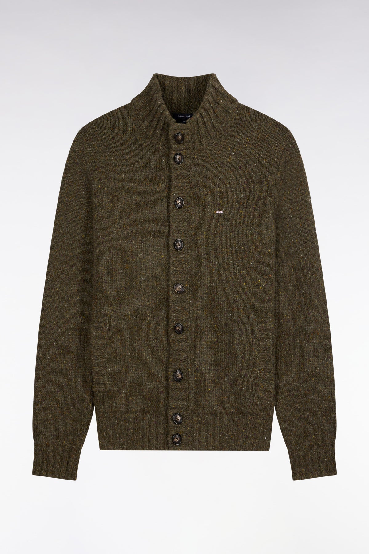 Buttoned cardigan in khaki heathered chunky knit, straight cut