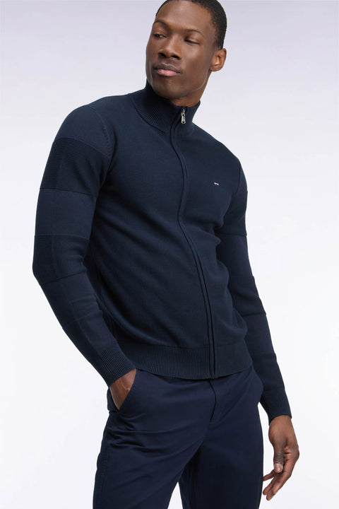 Cardigan en jersey coton marine zippé broderie dos rayée - Image 1