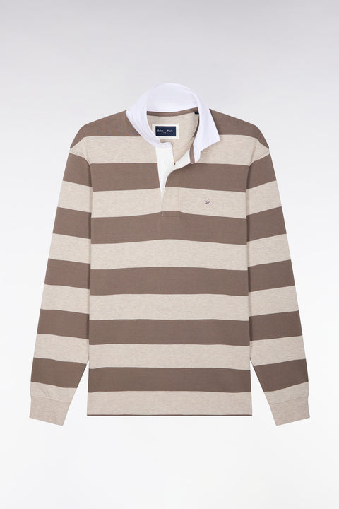 Long-sleeved jersey in beige striped cotton jersey - Image 2