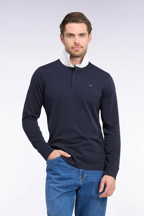 Maillot manches longues en coton Pima marine à col blanc coupe droite - Image 3