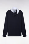 Long-sleeved jersey in navy Pima cotton with white collar, straight cut