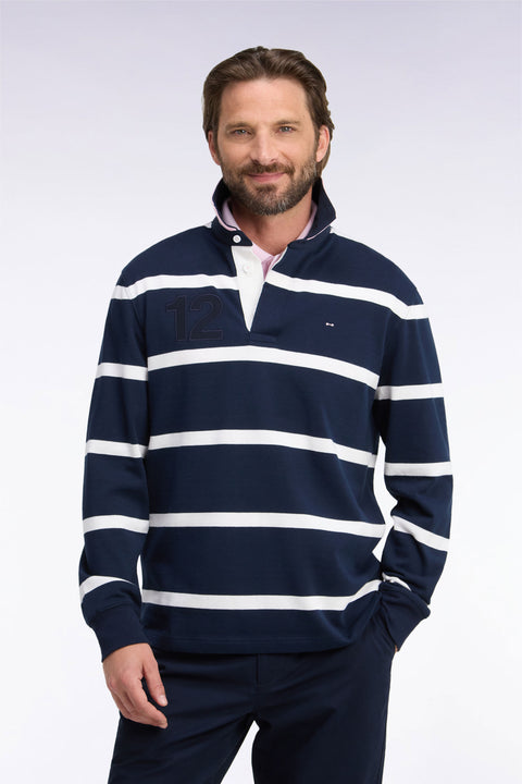Maillot manches longues en jersey de coton marine rayé broderie dos - Image 3