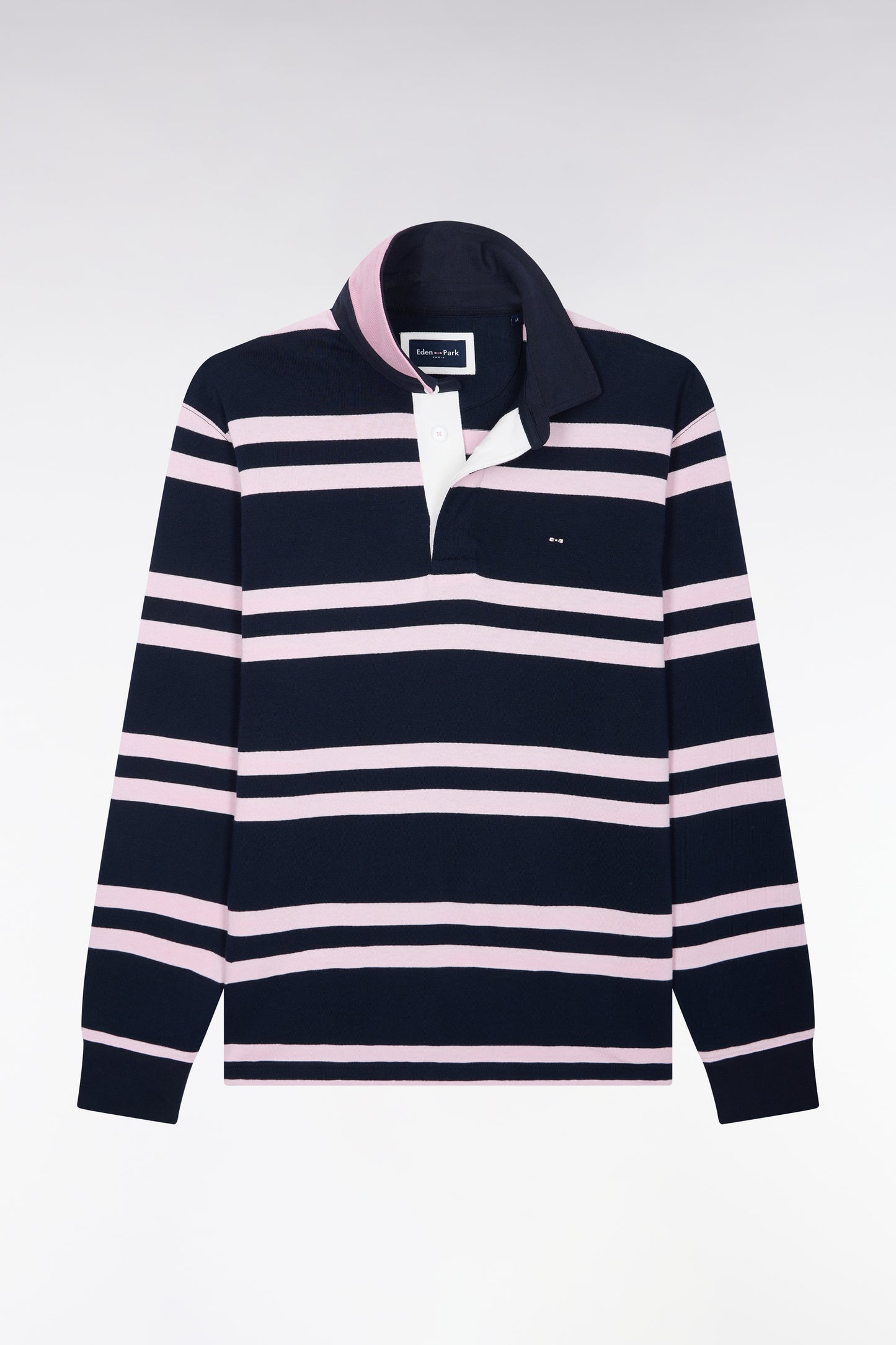 Maillot manches longues en jersey coton marine à rayures roses coupe regular