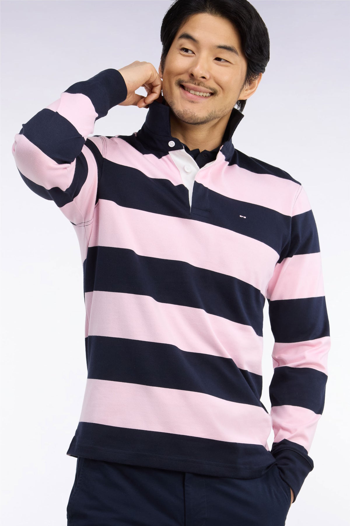 Maillot manches longues en coton rayé rose et marine coupe droite