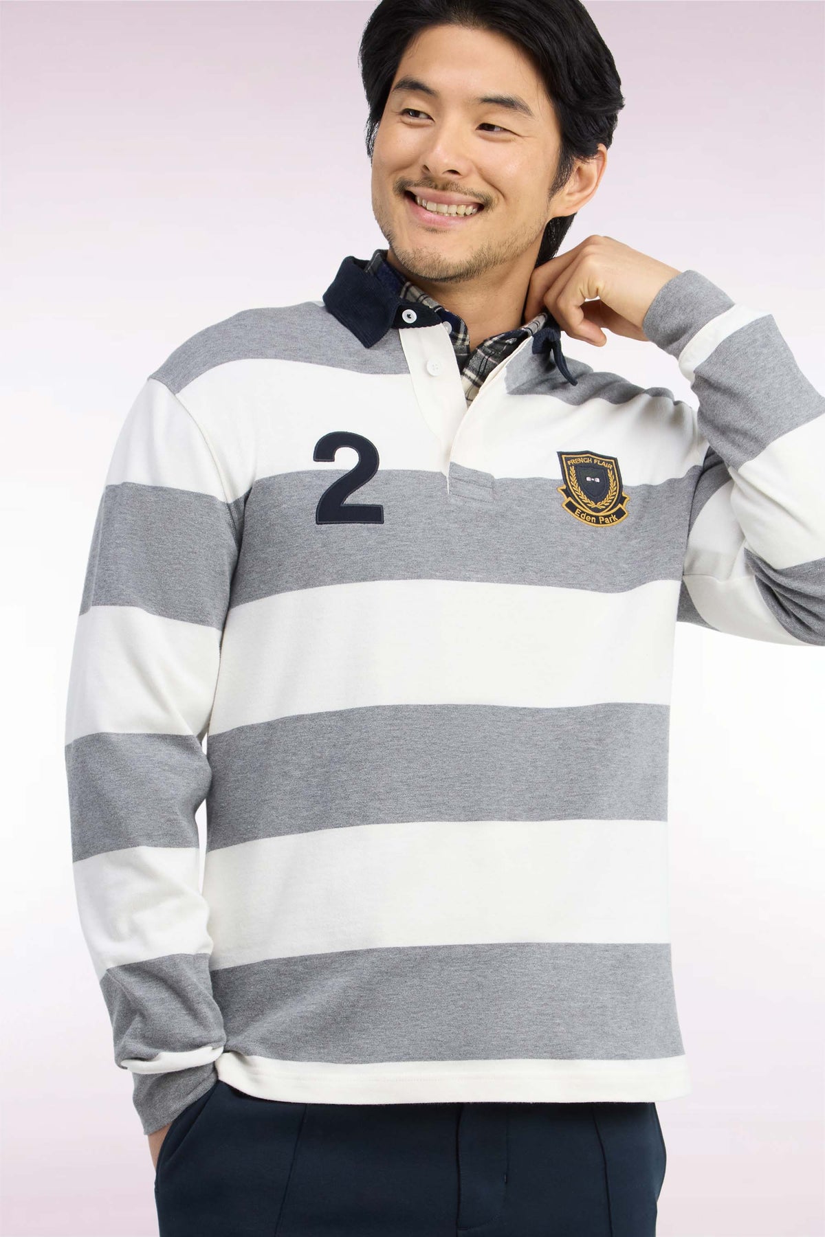 Long-sleeved gray and white striped jersey with embroidery 2