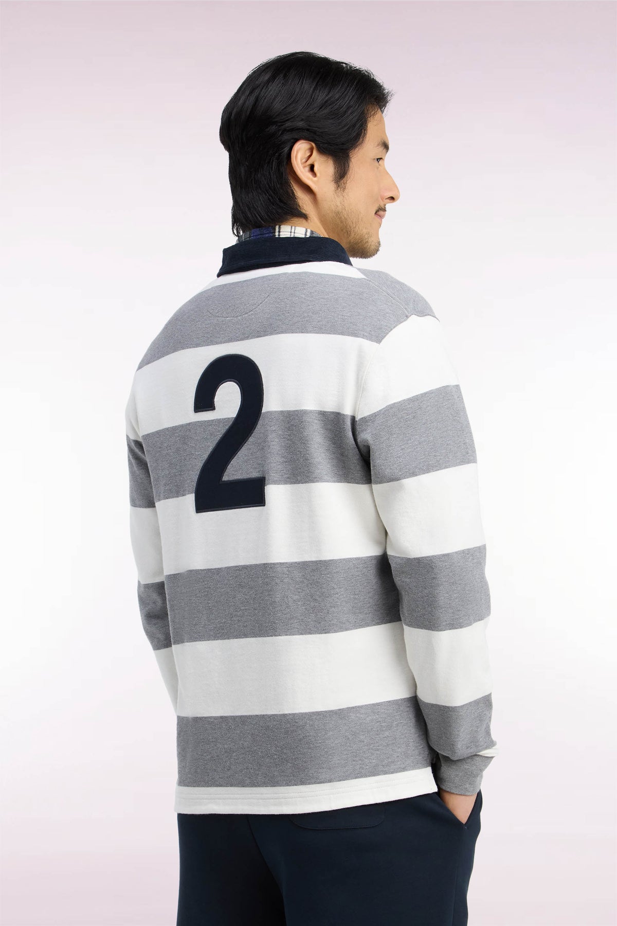 Long-sleeved gray and white striped jersey with embroidery 2