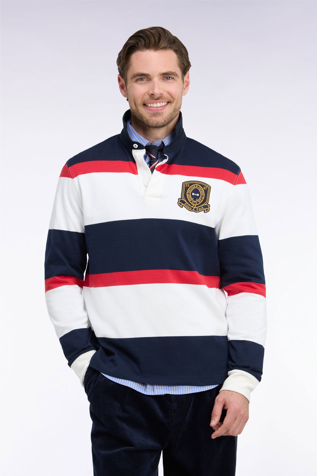 Long-sleeved navy striped jersey with badge embroidery