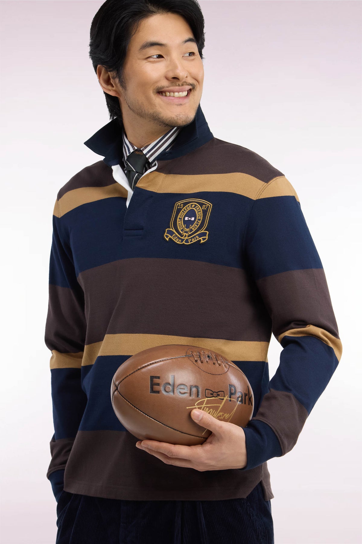 Brown striped long-sleeved jersey with badge embroidery