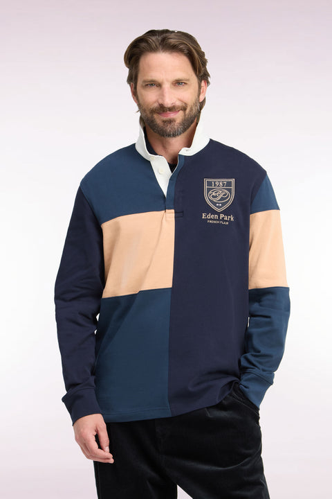 Long-sleeved jersey in tricolor combed cotton jersey, blue gray, straight cut - Image 3
