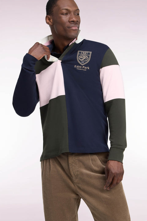 Long-sleeved jersey in straight-cut khaki tricolor combed cotton jersey - Image 1