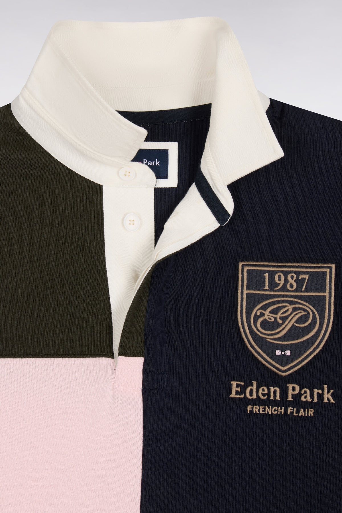 Long-sleeved jersey in straight-cut khaki tricolor combed cotton jersey