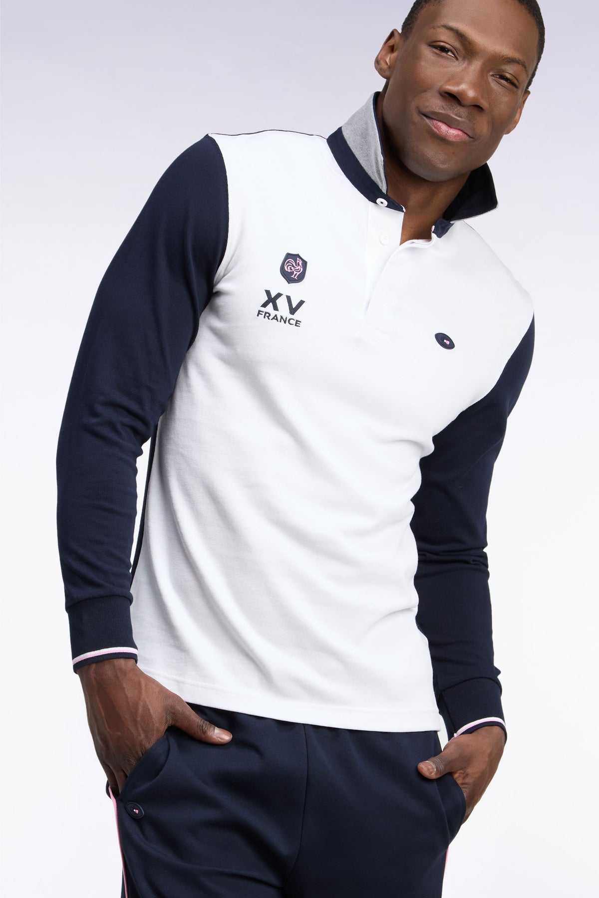 Long-sleeved jersey in navy and white cotton jersey XV de France