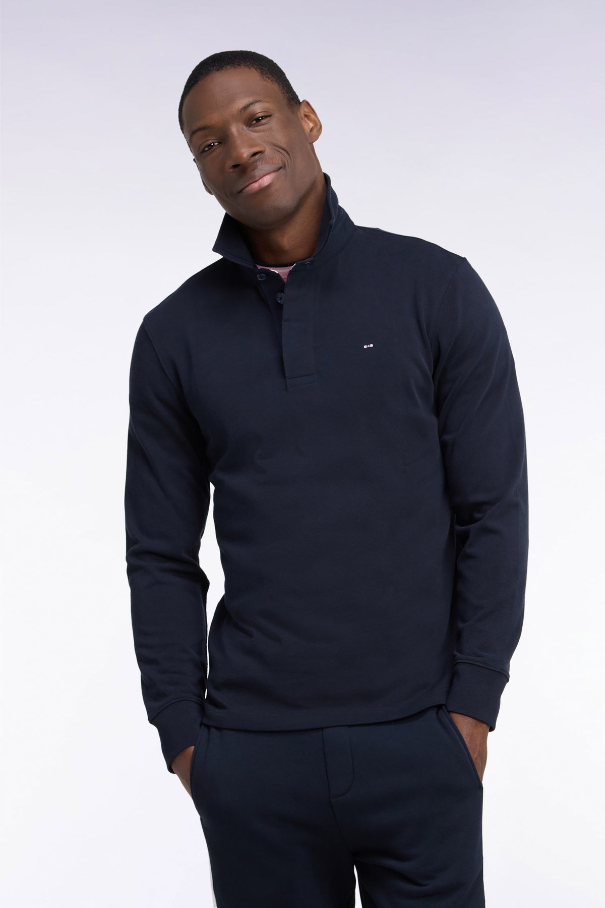 Long-sleeved jersey in embroidered navy cotton jersey