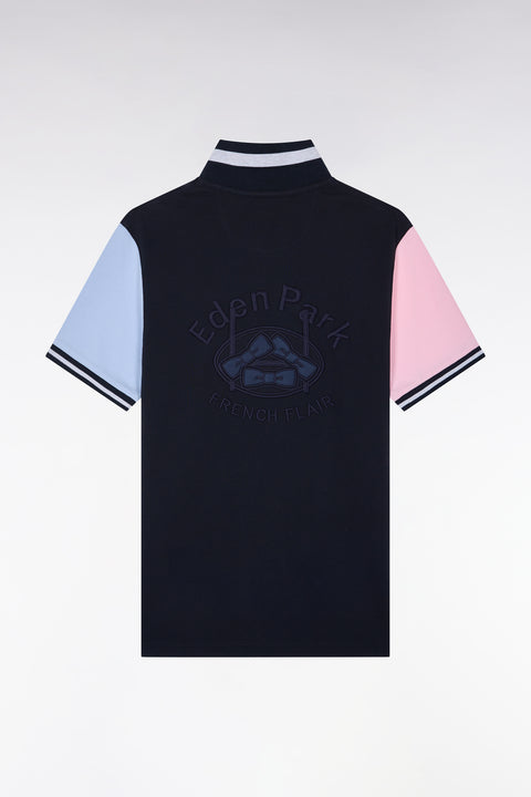 Polo manches courtes en coton tricolore marine broderie dos coupe droite - Image 2