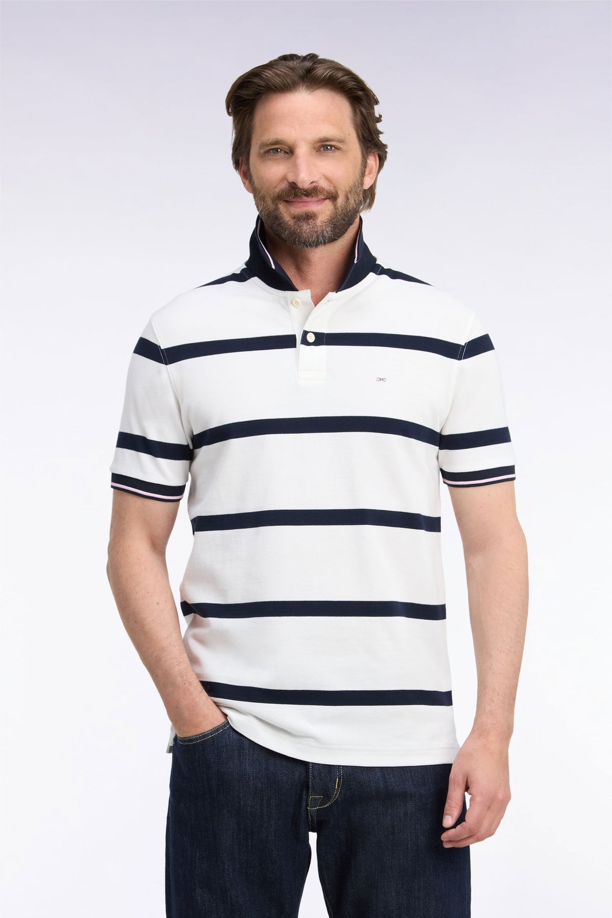 Short-sleeved ecru polo shirt with navy stripes, straight cut