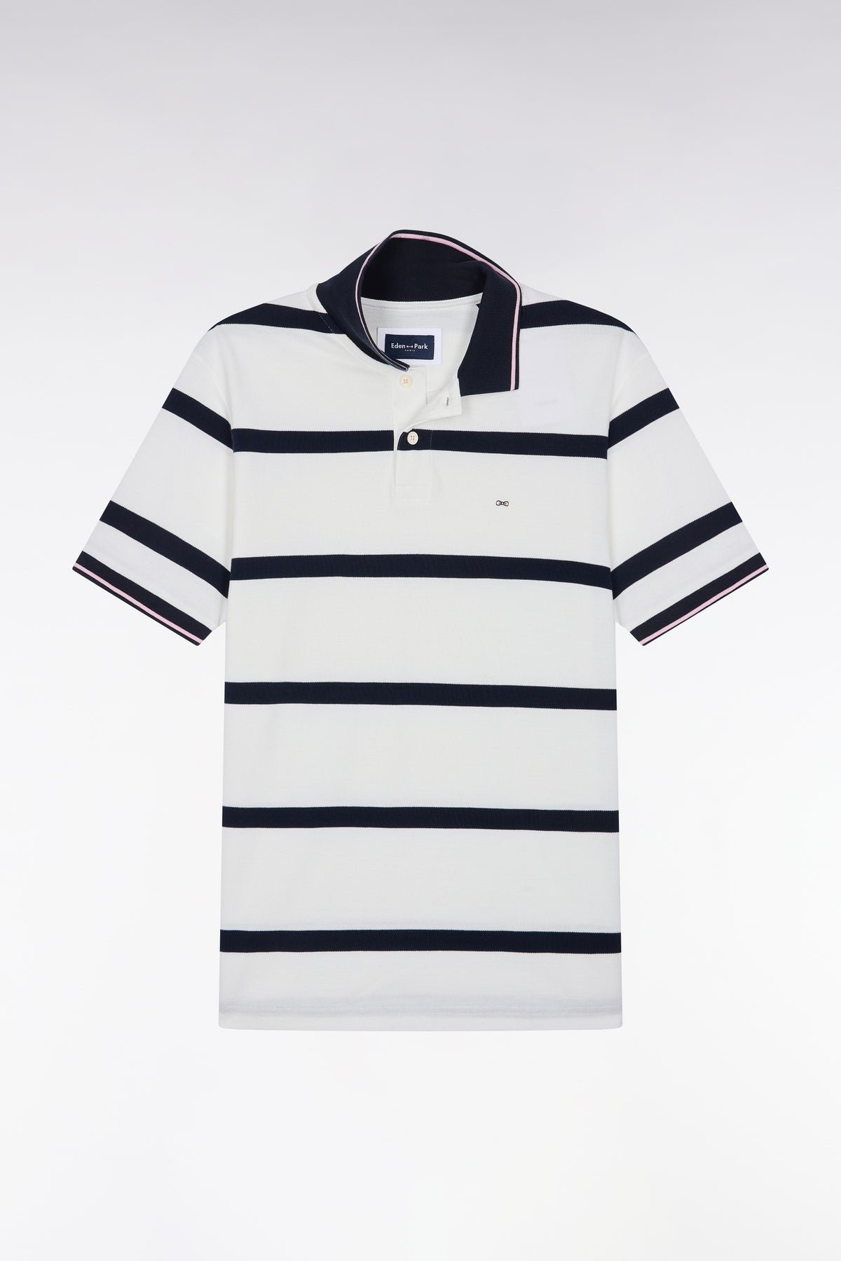 Short-sleeved ecru polo shirt with navy stripes, straight cut