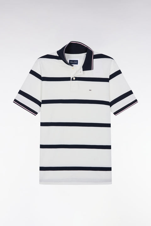 Short-sleeved ecru polo shirt with navy stripes, straight cut - Image 2