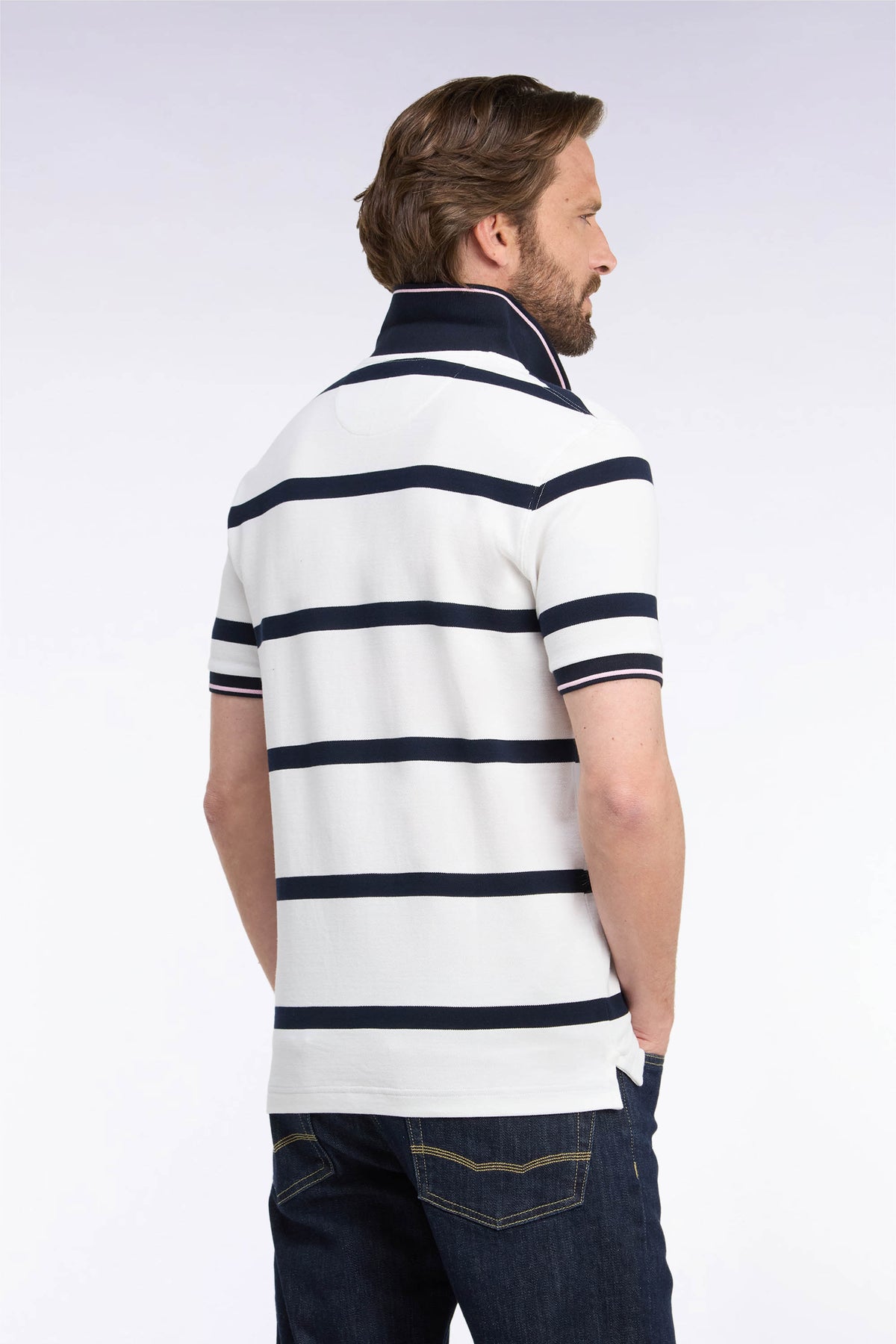 Short-sleeved ecru polo shirt with navy stripes, straight cut