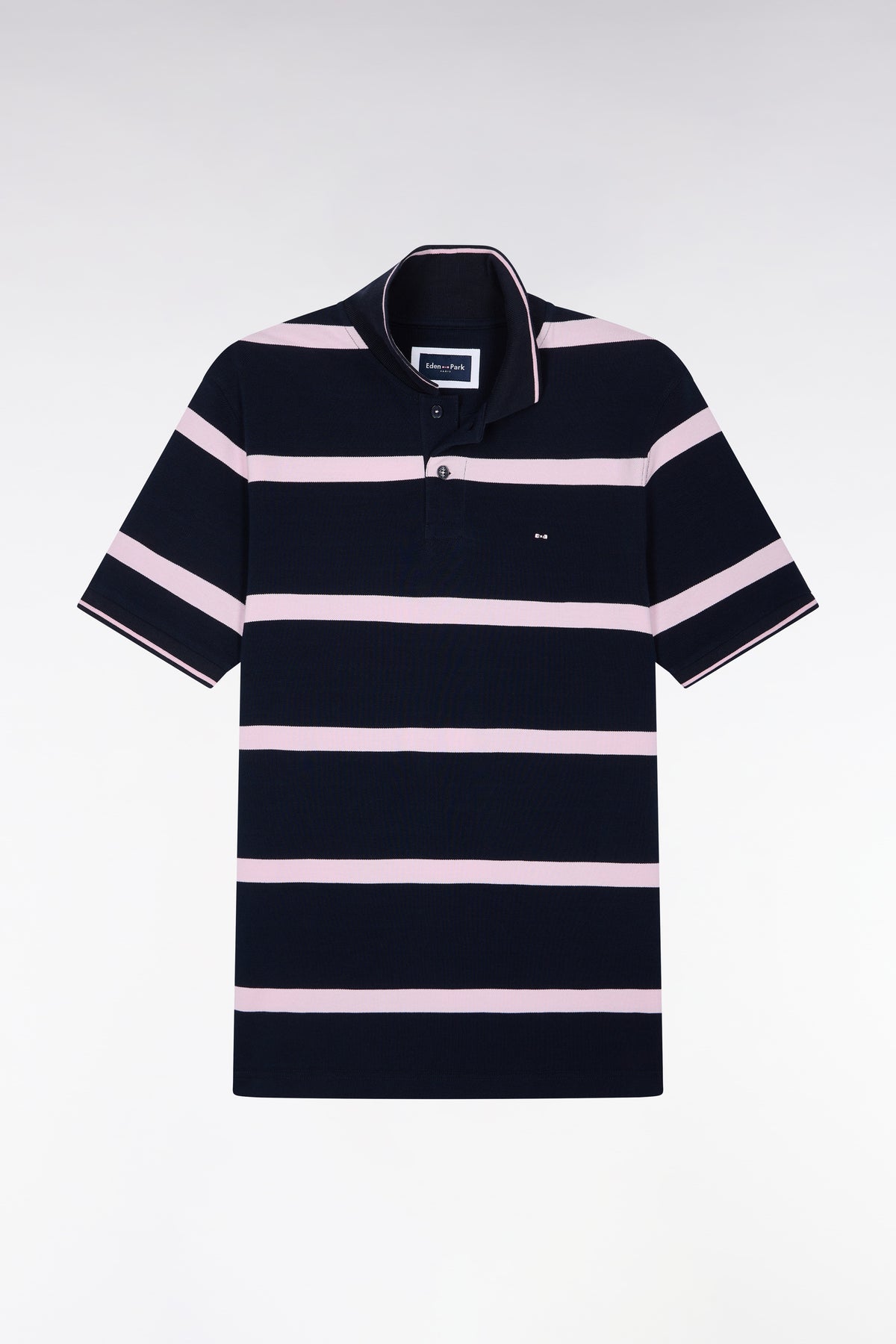 Short-sleeved navy polo shirt with pink stripes, straight cut