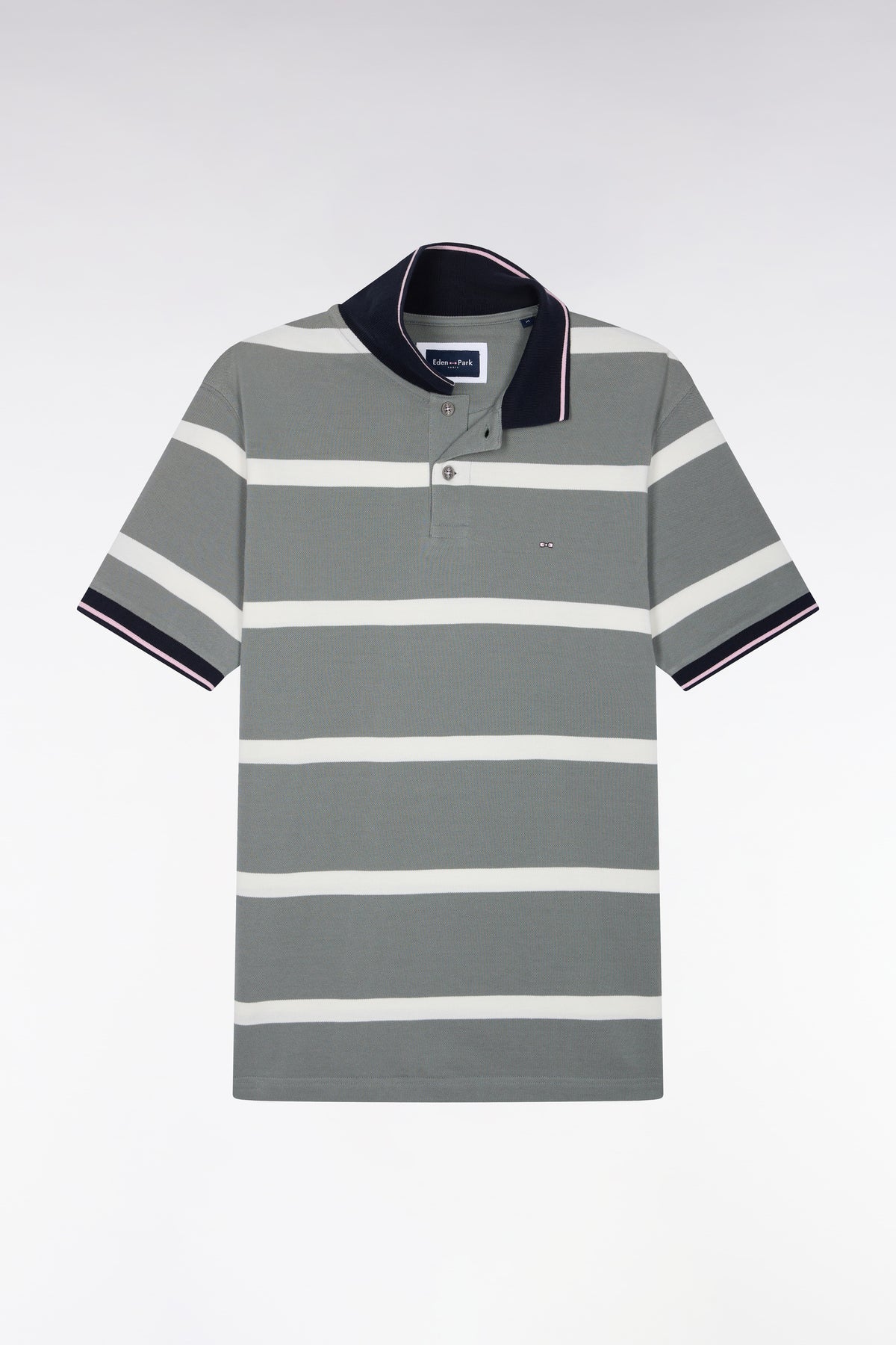 Green short-sleeved polo shirt with ecru stripes, straight cut