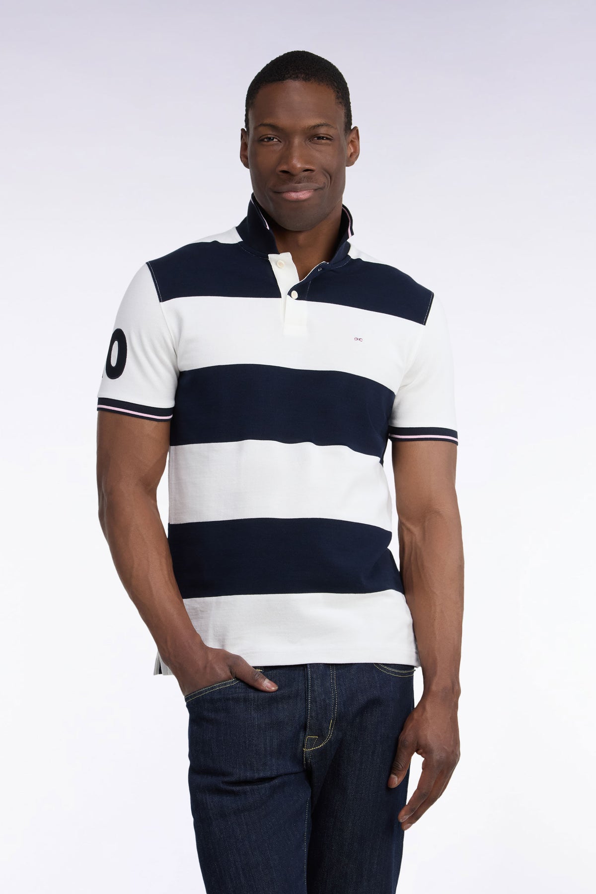 Short-sleeved polo shirt with ecru and navy rugby stripes, straight cut
