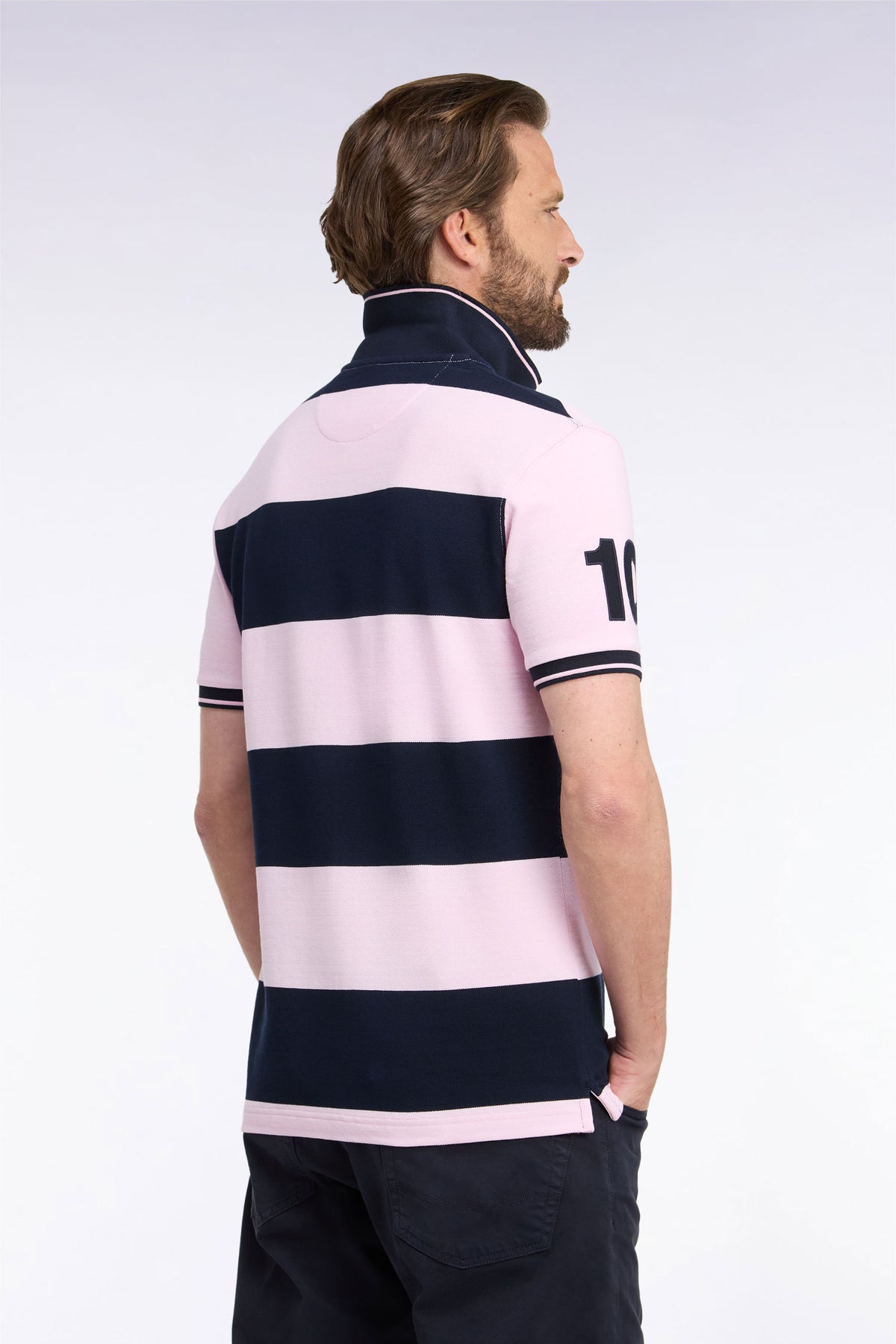 Polo manches courtes à rayures rugby roses et marine coupe droite