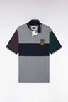 Short-sleeved gray cotton polo shirt with cutouts and straight-cut badge