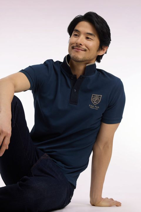 Polo manches courtes en piqué coton bleu gris à écusson coupe droite - Image 1