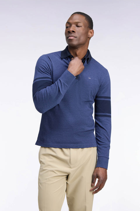 Long-sleeved polo shirt in blue and navy cotton pique straight cut - Image 1
