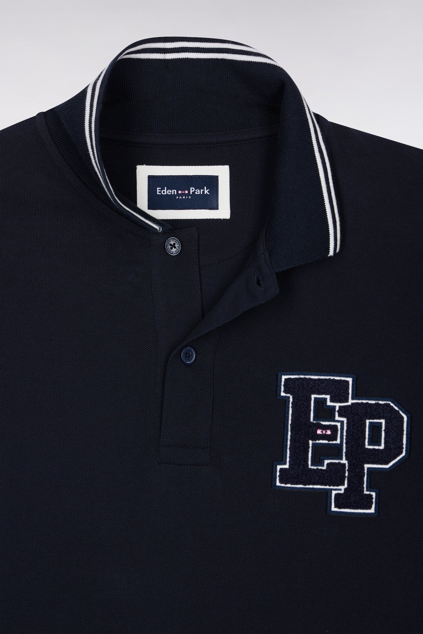 Polo manches longues en piqué de coton peigné marine coupe droite