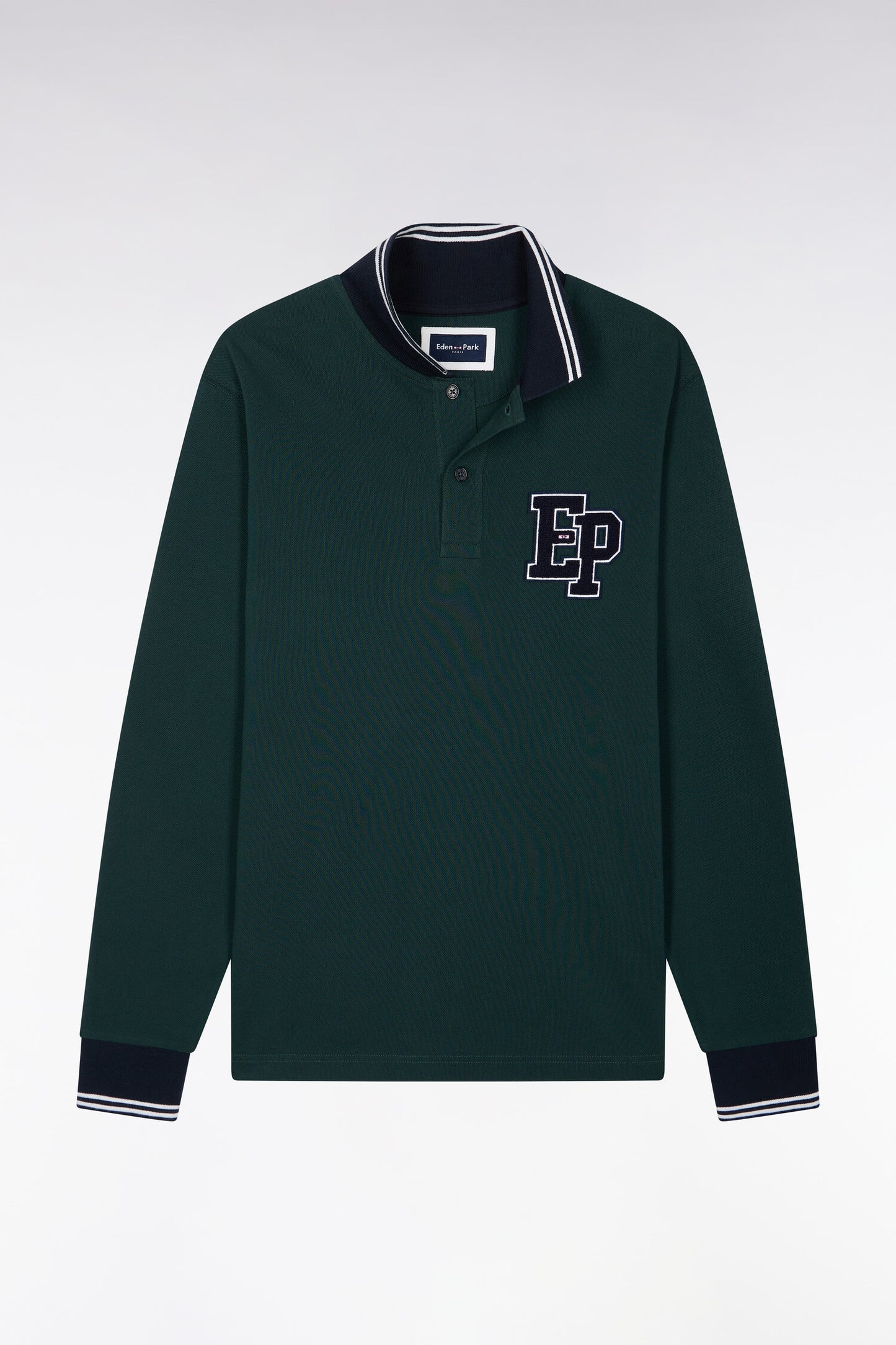 Polo manches longues en piqué de coton peigné vert foncé coupe droite