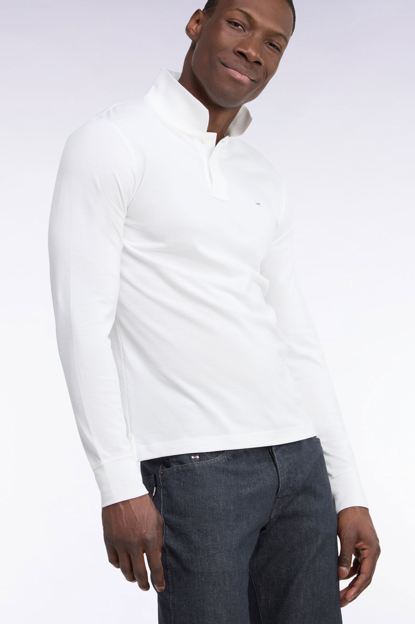 Polo manches longues en coton Pima blanc coupe droite