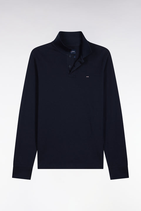 Long-sleeved polo shirt in navy blue Pima cotton, straight cut - Image 1