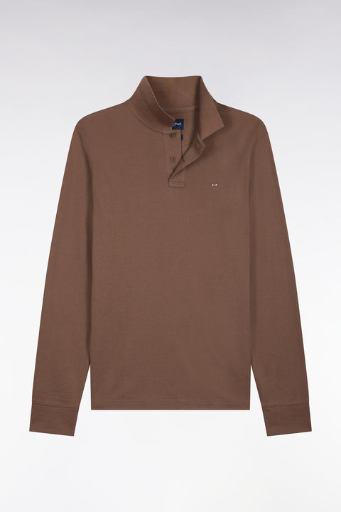 Brown Pima cotton long-sleeved straight-cut polo shirt - Image 2