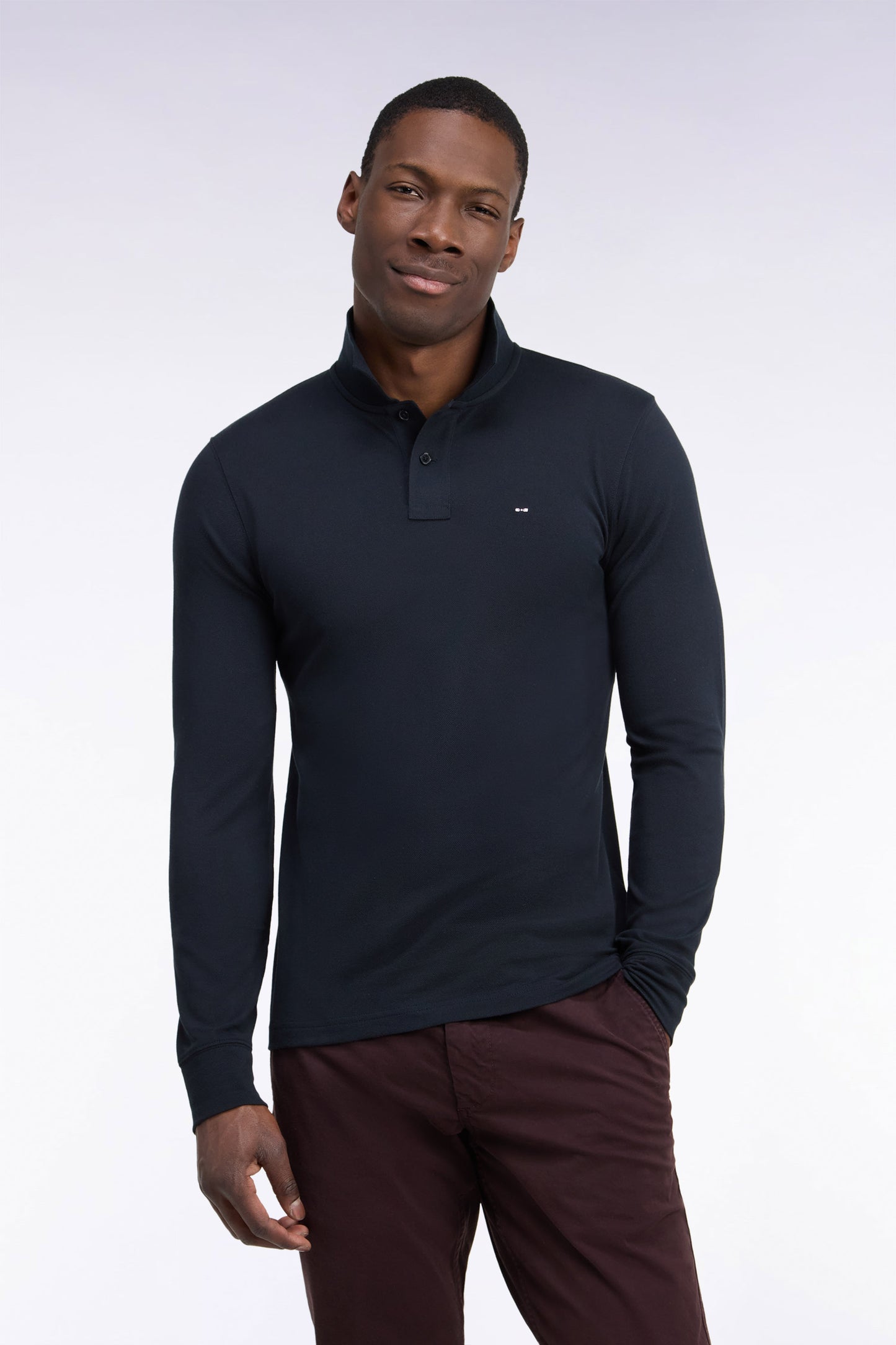 Long-sleeved black Pima cotton straight-cut polo shirt