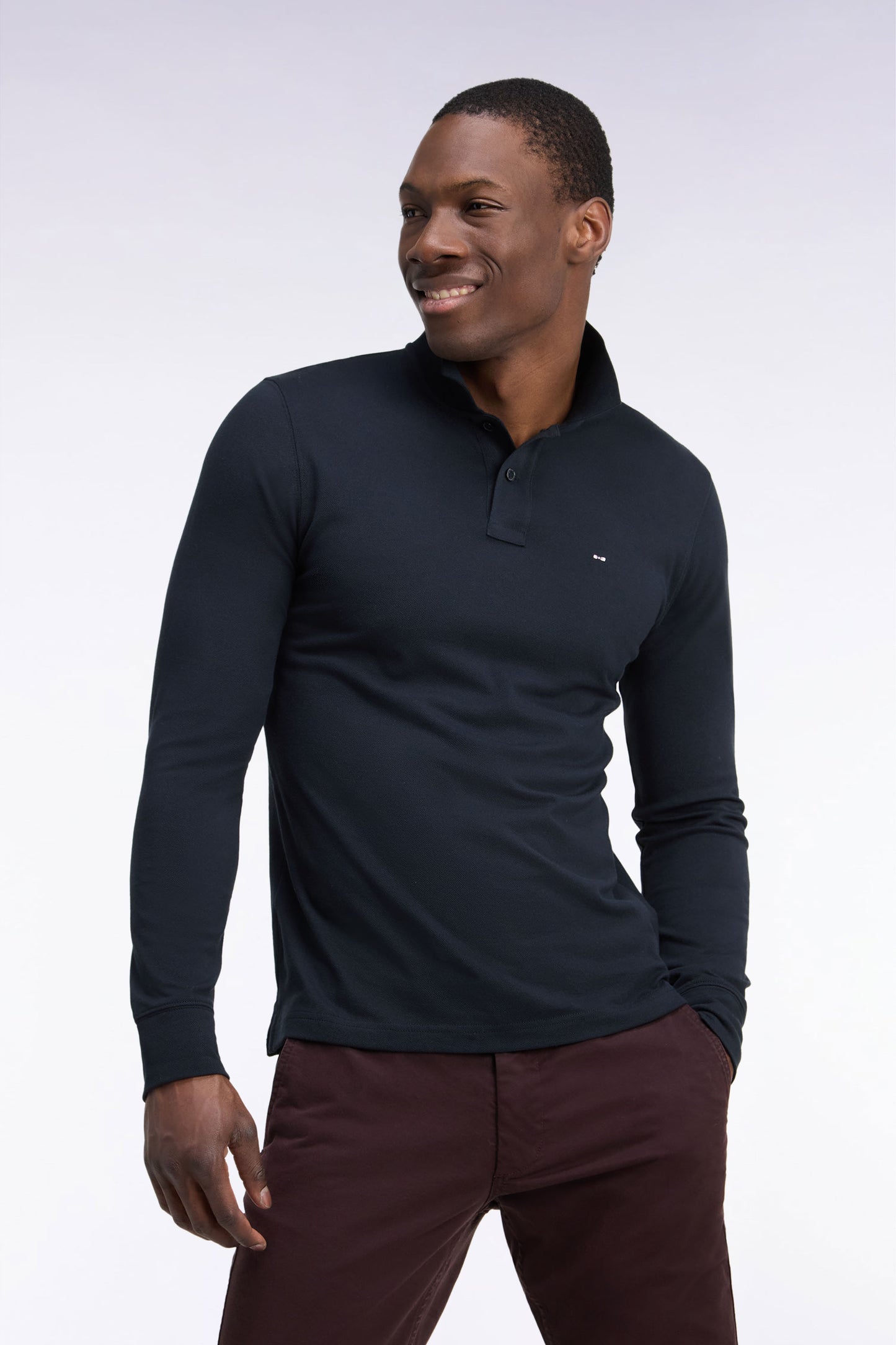 Long-sleeved black Pima cotton straight-cut polo shirt
