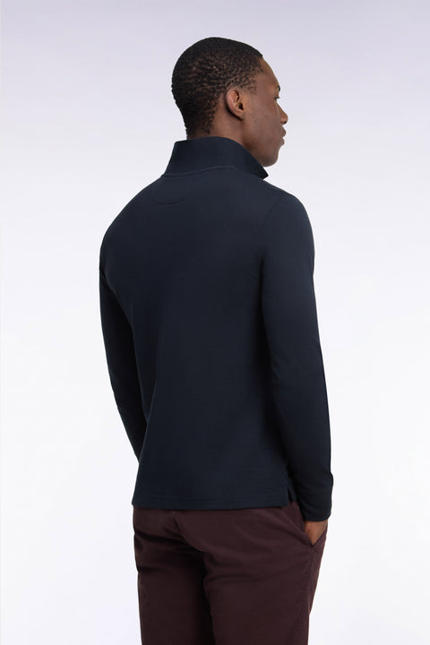Long-sleeved black Pima cotton straight-cut polo shirt - Image 3