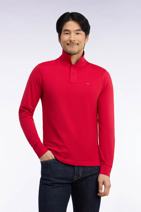 Long-sleeved straight-cut red Pima cotton polo shirt - Image 3
