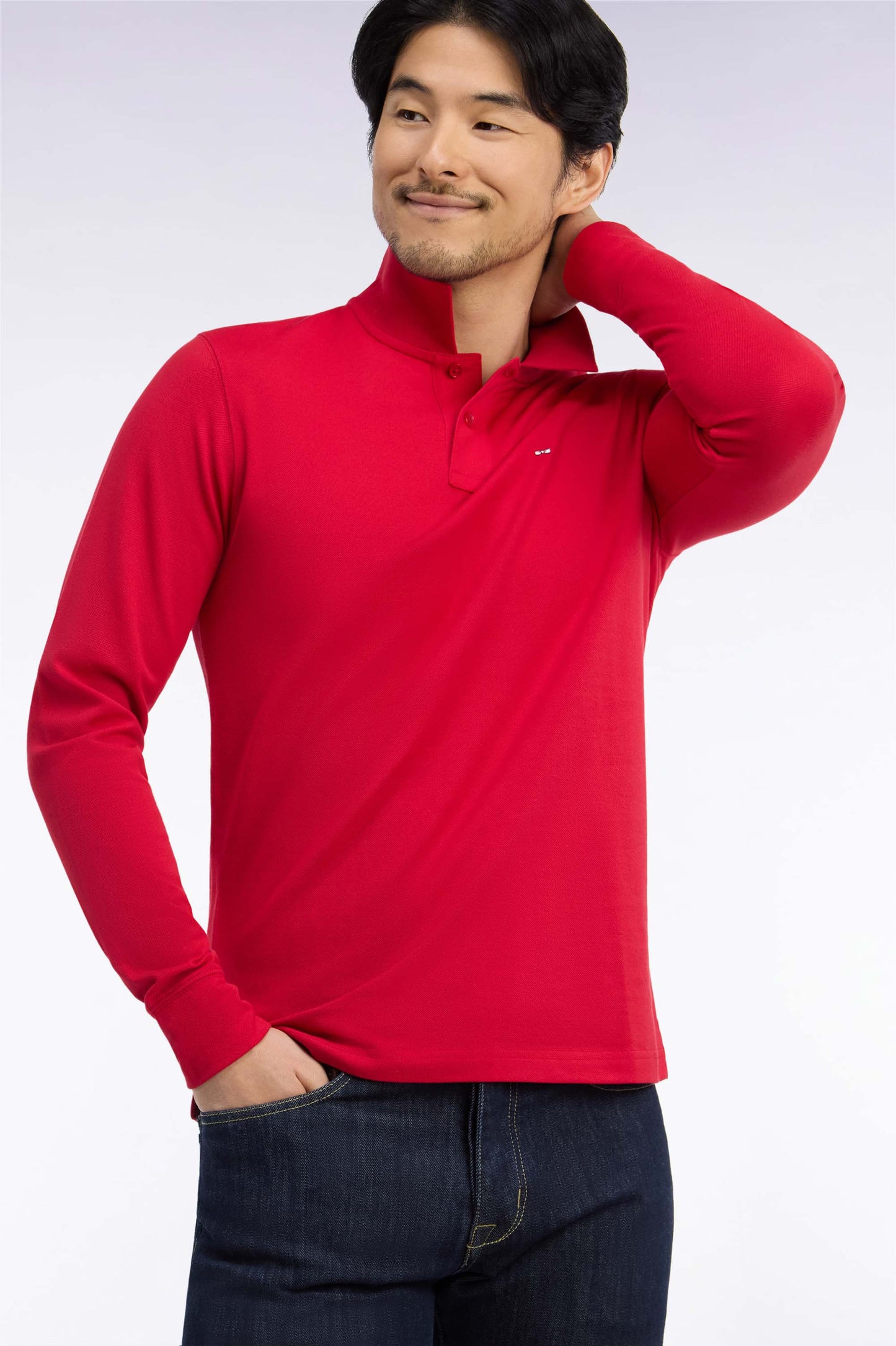 Long-sleeved straight-cut red Pima cotton polo shirt