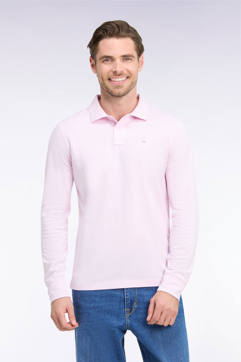 Long-sleeved straight-cut pink Pima cotton polo shirt - Image 3