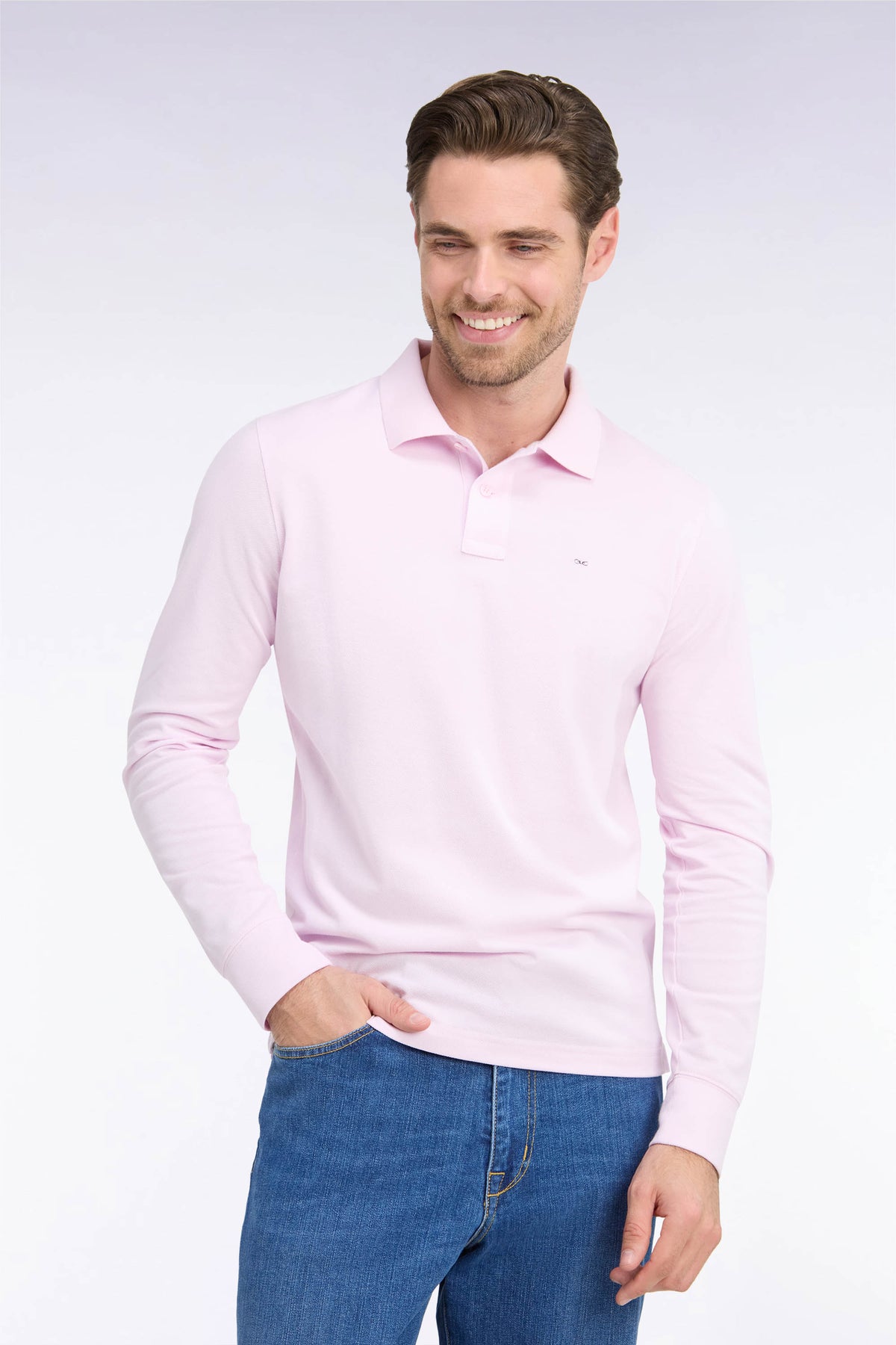 Long-sleeved straight-cut pink Pima cotton polo shirt