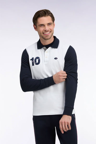 XV de France white two-tone combed cotton piqué long-sleeved polo shirt