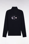 Long-sleeved polo shirt in navy cotton pique with back embroidery