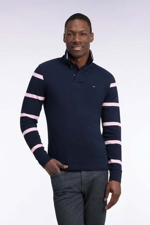 Long-sleeved striped polo shirt in navy cotton pique straight cut - Image 3