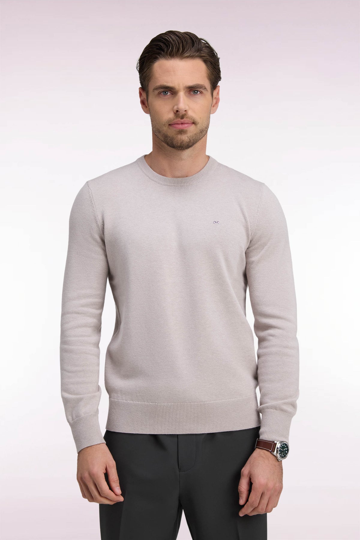 Gray wool and cotton round-neck straight-cut sweater