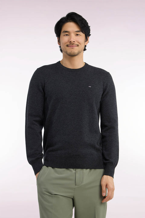 Pull col rond en laine et coton gris anthracite coupe droite - Image 3