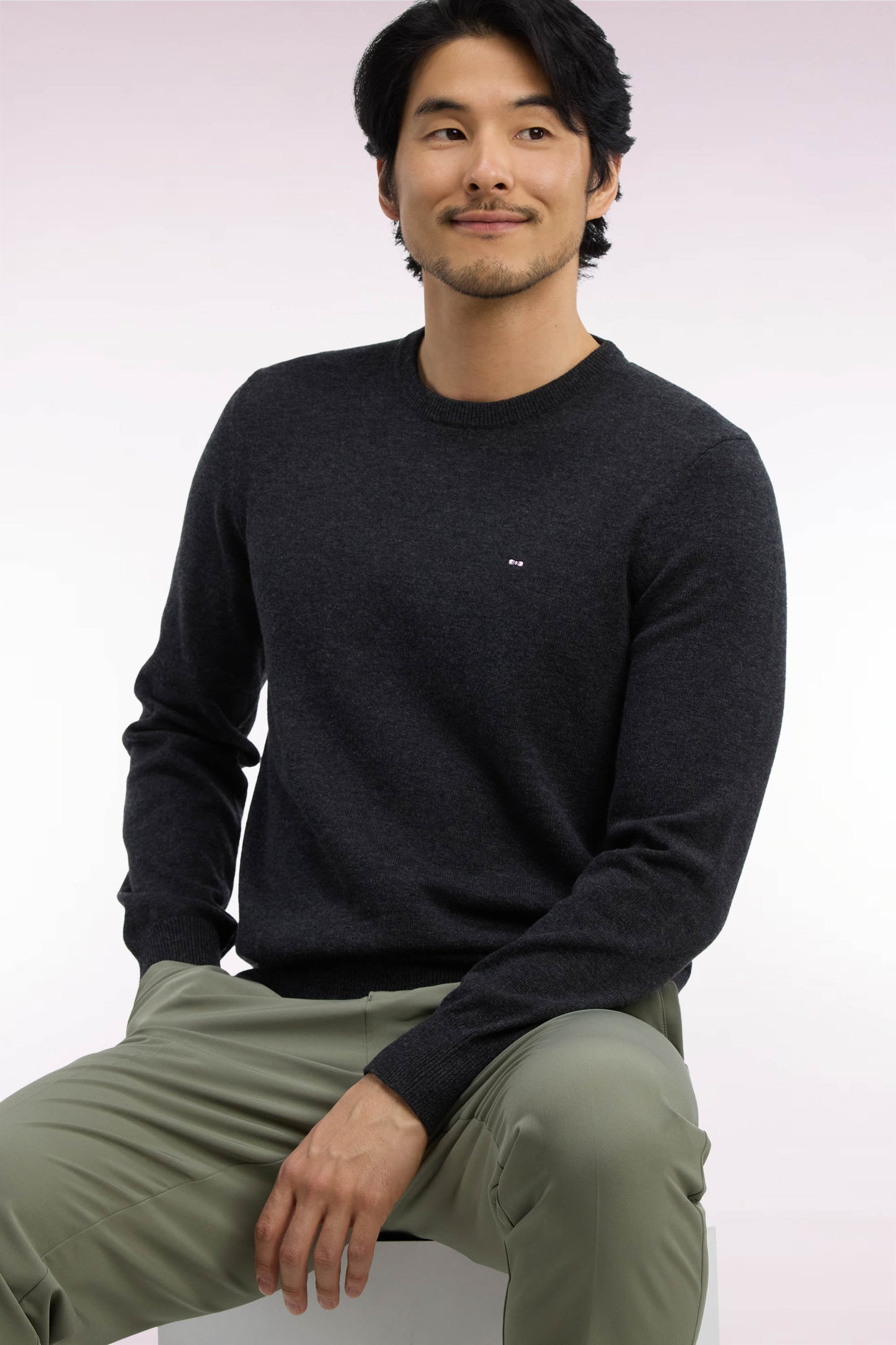 Pull col rond en laine et coton gris anthracite coupe droite