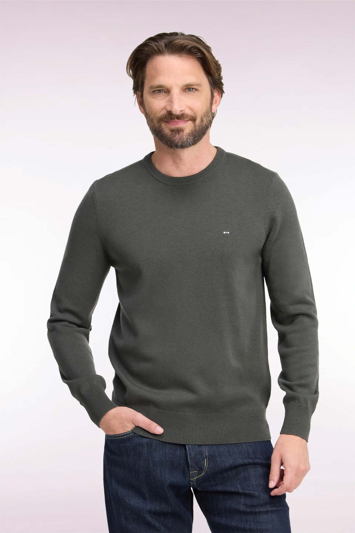 Round-neck straight-cut khaki wool and cotton sweater