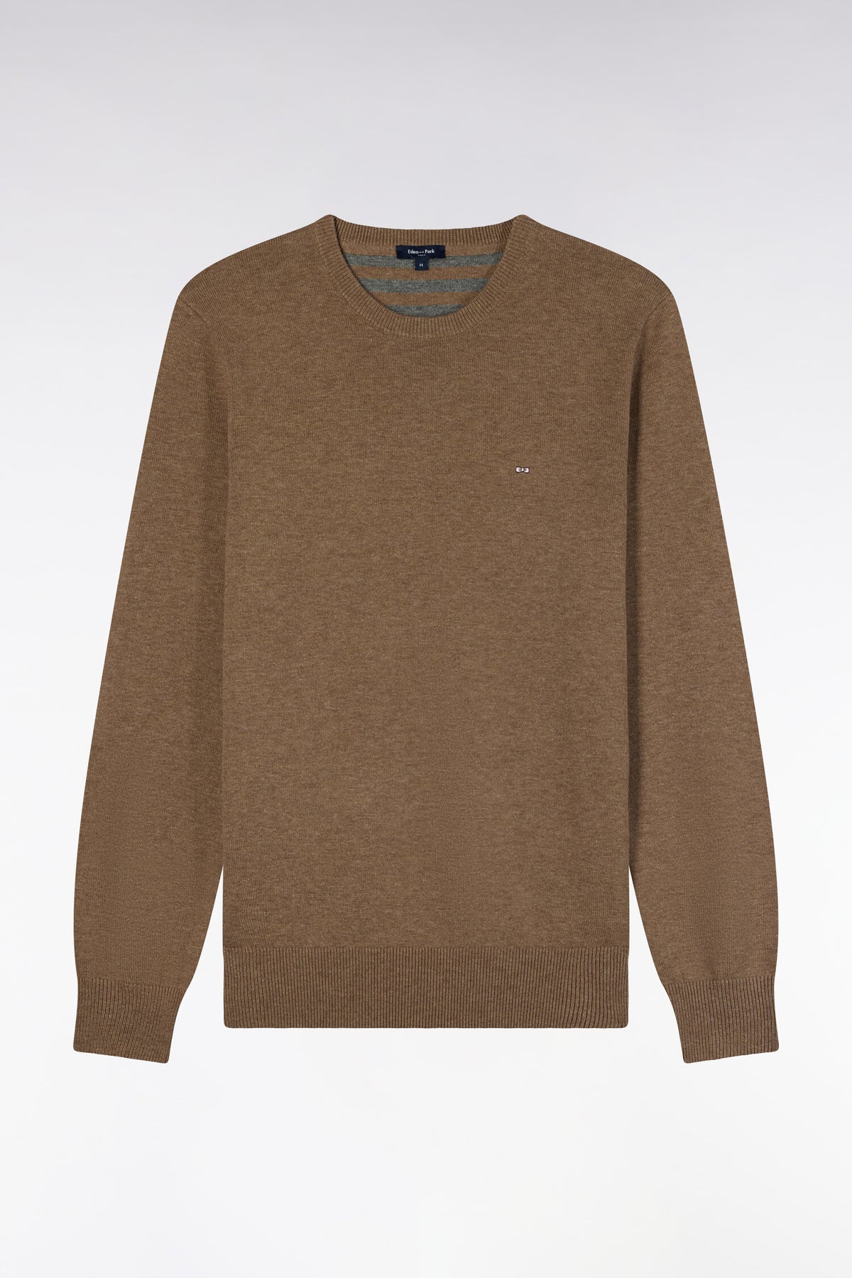 Round neck sweater in brown wool and cotton, straight cut